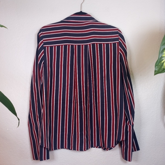 Frame Silk Burgundy Red Navy Cream Striped French Cuff Boho Button Down Shirt M - Picture 5 of 10